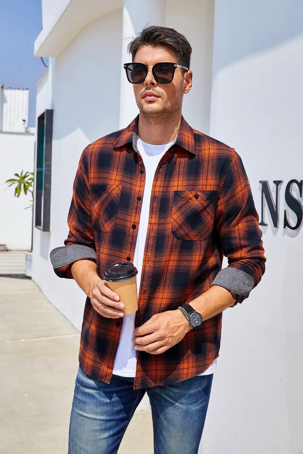 image:imageAlex Vando Mens Button Down Regular Fit Long Sleeve Casual Flannel ShirtsOrangeNavy