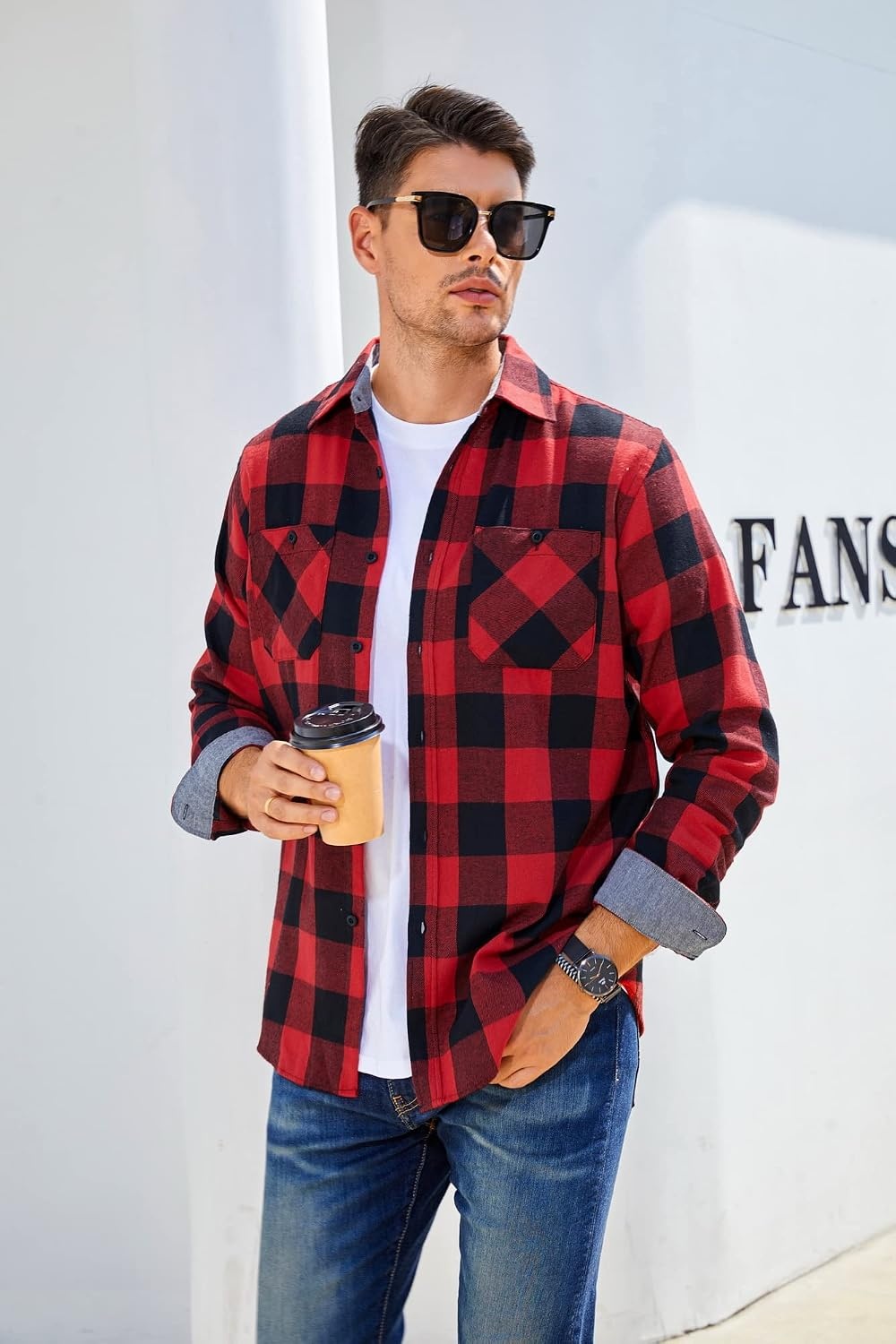 image:imageAlex Vando Mens Button Down Regular Fit Long Sleeve Casual Flannel ShirtsRedBlack