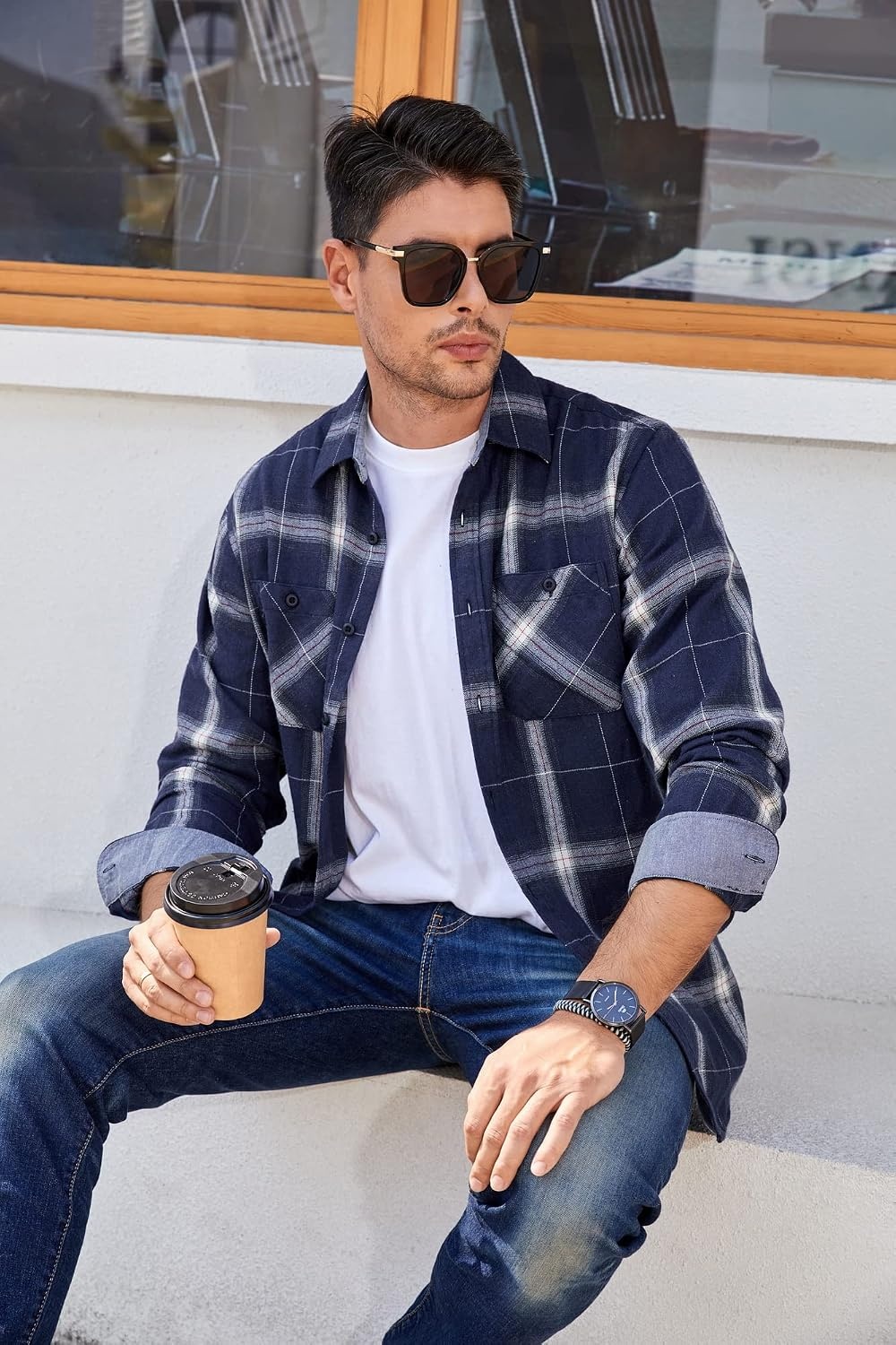 image:imageAlex Vando Mens Button Down Regular Fit Long Sleeve Casual Flannel ShirtsRoyalWhite