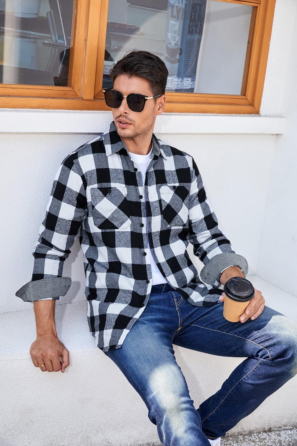 image:imageAlex Vando Mens Button Down Regular Fit Long Sleeve Casual Flannel ShirtsWhiteBlack