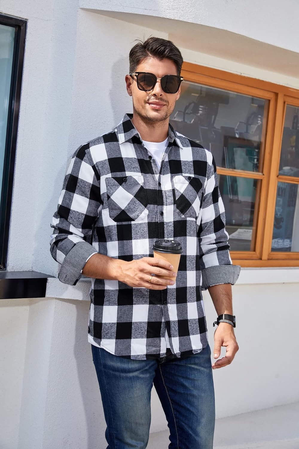 image:imageAlex Vando Mens Button Down Regular Fit Long Sleeve Casual Flannel ShirtsWhiteBlack