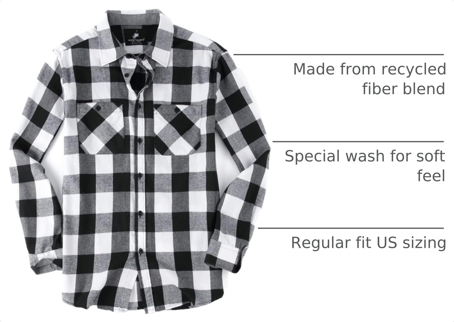 image:imageAlex Vando Mens Button Down Regular Fit Long Sleeve Casual Flannel ShirtsWhiteBlack