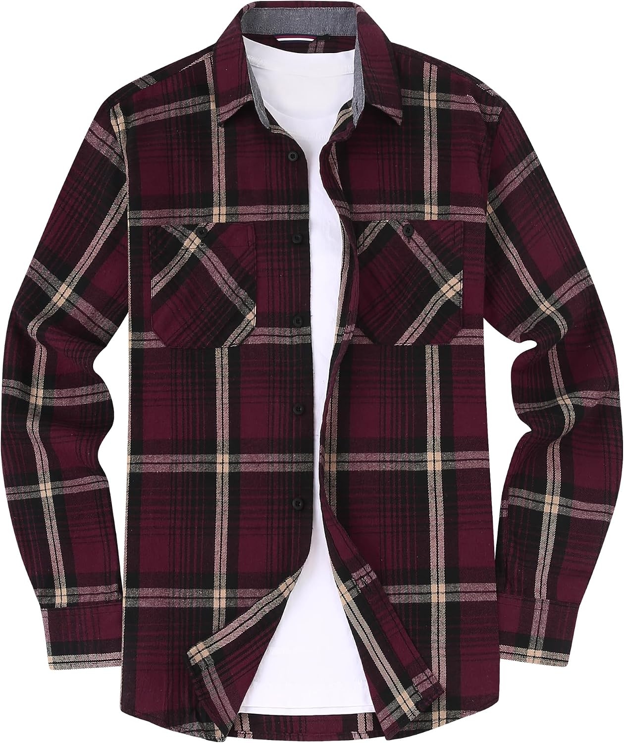image:imageAlex Vando Mens Button Down Regular Fit Long Sleeve Casual Flannel ShirtsWineKhaki N43