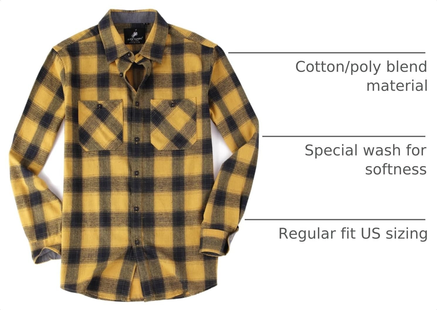 image:imageAlex Vando Mens Button Down Regular Fit Long Sleeve Casual Flannel ShirtsYellow