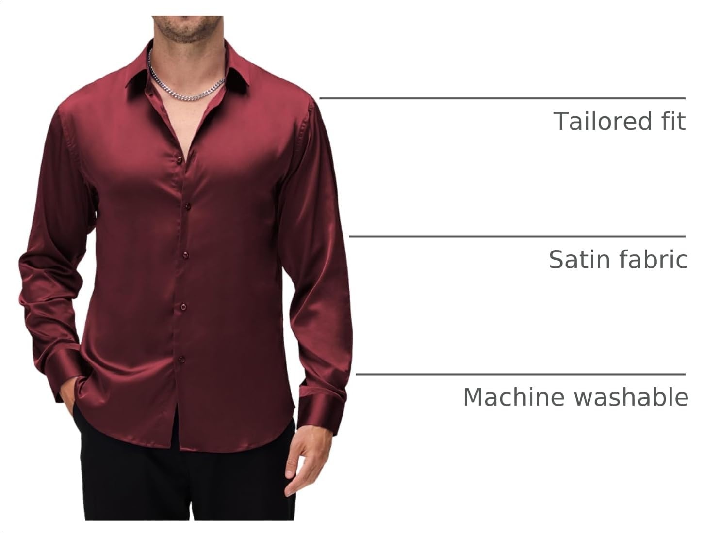 image:imageAlex Vando Mens Luxury Satin Dress Shirt Silk Shiny Sateen Party ShirtBurgundy