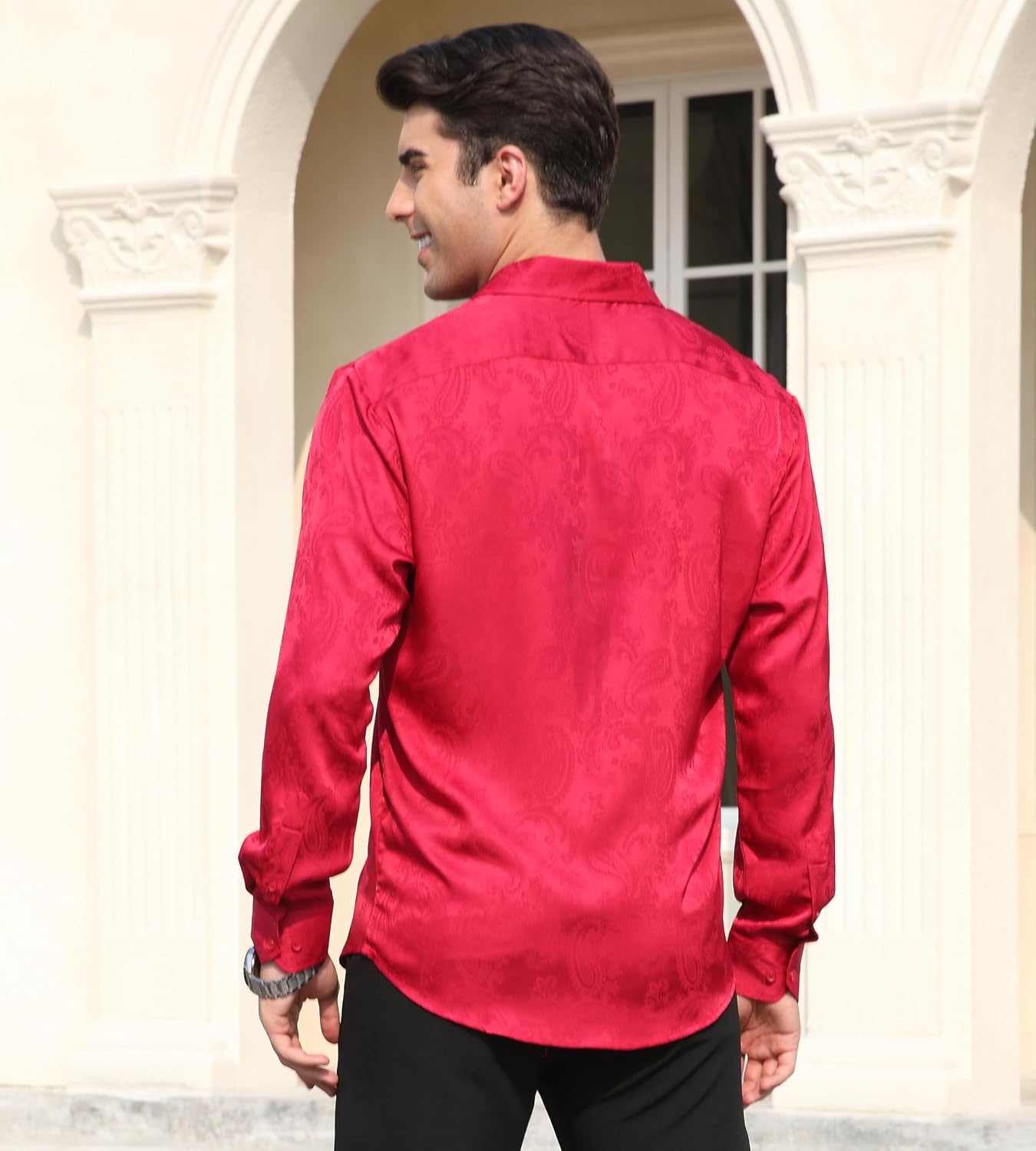image:imageAlex Vando Mens Luxury Satin Dress Shirt Silk Shiny Sateen Party ShirtWine Paisley