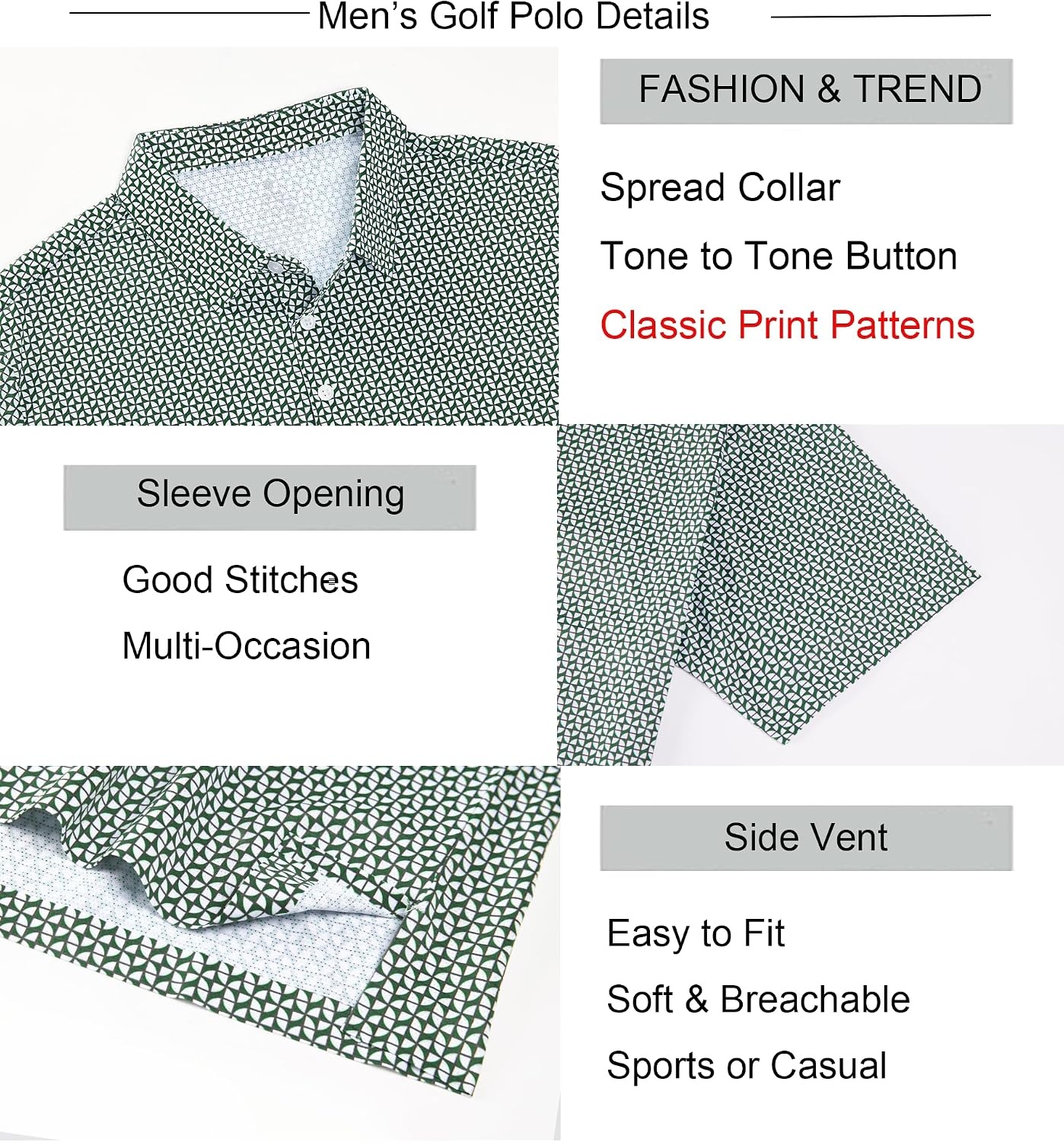 image:imageAlex Vando Mens Printed Golf Shirt Cooling Short Sleeve Dress Polo ShirtsGreen Geometric