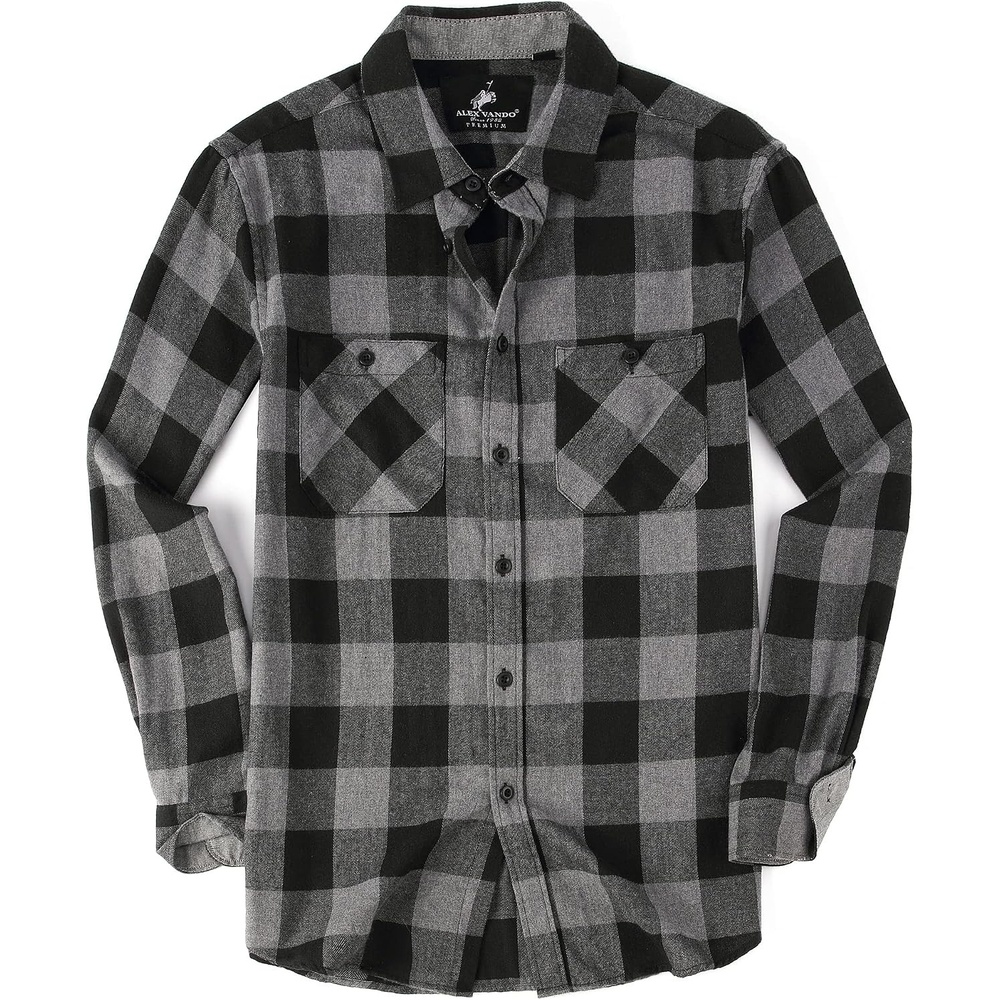 image:imageAlex Vando Mens Button Down Regular Fit Long Sleeve Casual Flannel ShirtsGreyBlack