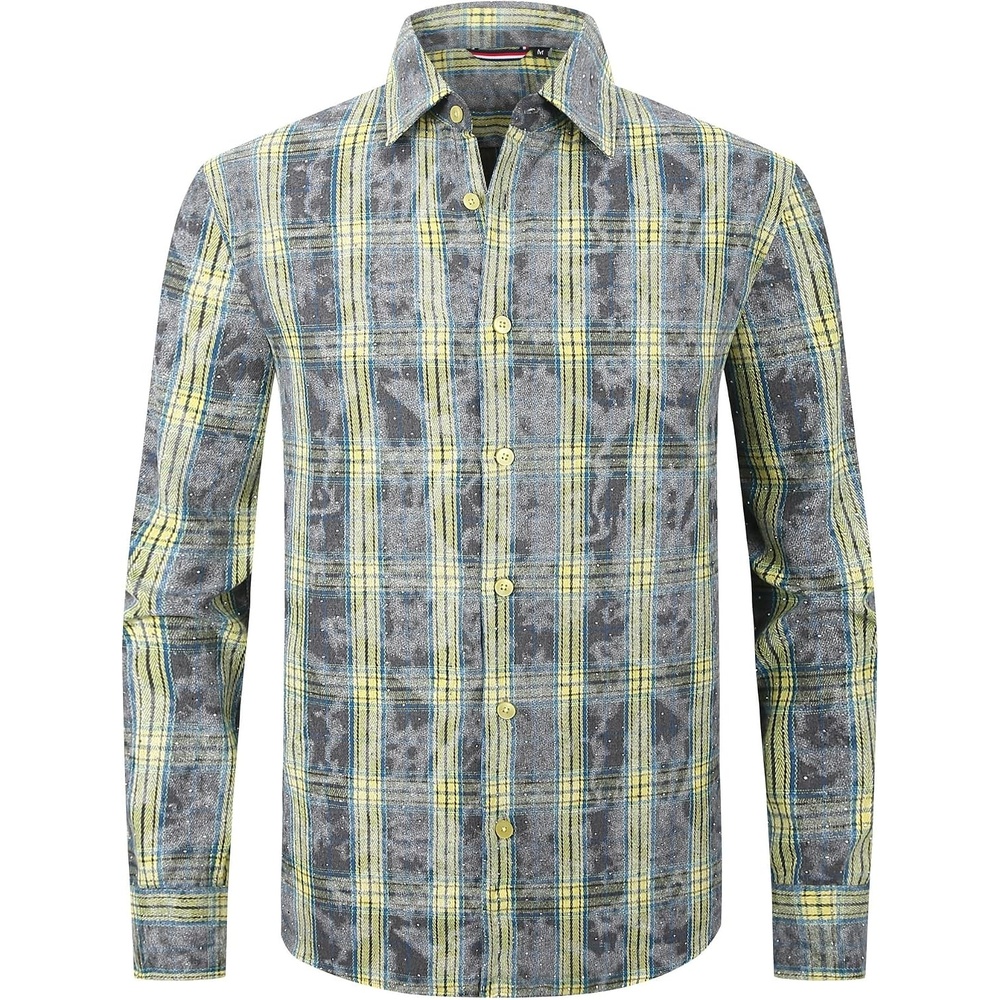 image:imageAlex Vando Mens Button Down Regular Fit Long Sleeve Casual Flannel ShirtsRhinestone YellowGrey