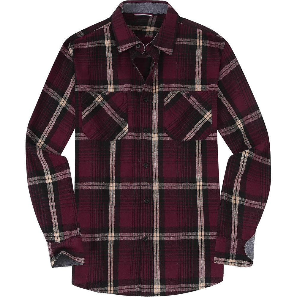 image:imageAlex Vando Mens Button Down Regular Fit Long Sleeve Casual Flannel ShirtsWineKhaki N43