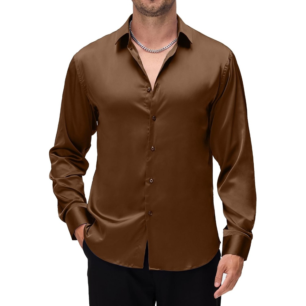 image:imageAlex Vando Mens Luxury Satin Dress Shirt Silk Shiny Sateen Party ShirtCoffee