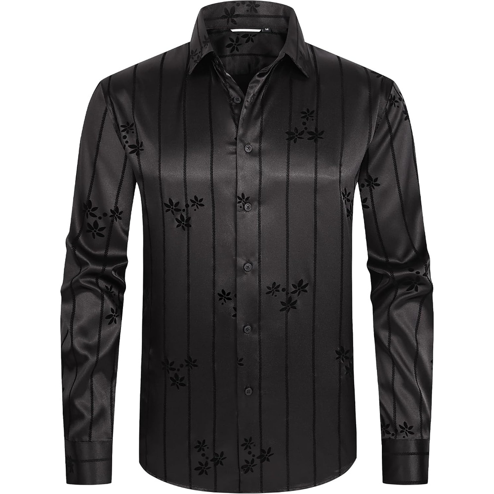 image:imageAlex Vando Mens Luxury Satin Dress Shirt Silk Shiny Sateen Party ShirtFlower Black