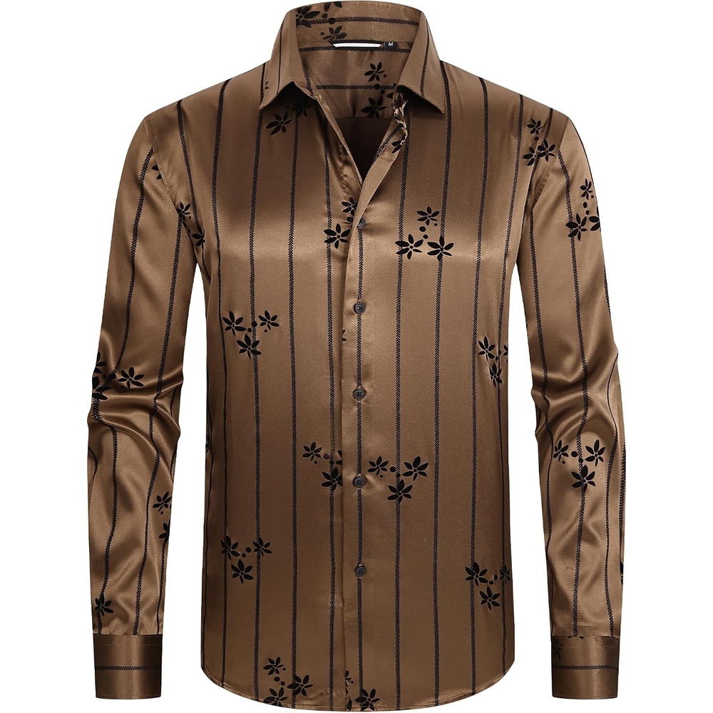 image:imageAlex Vando Mens Luxury Satin Dress Shirt Silk Shiny Sateen Party ShirtFlower Coffee