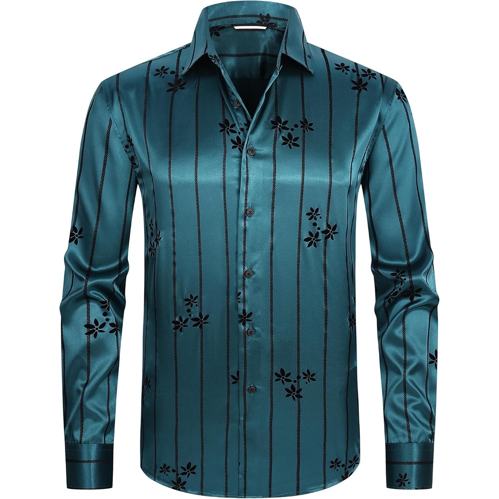 image:imageAlex Vando Mens Luxury Satin Dress Shirt Silk Shiny Sateen Party ShirtFlower Green