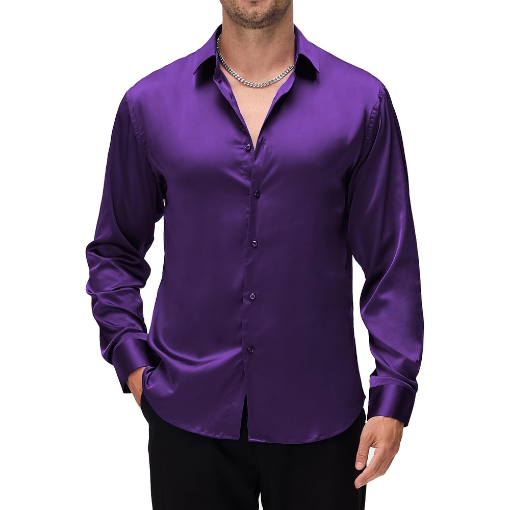 image:imageAlex Vando Mens Luxury Satin Dress Shirt Silk Shiny Sateen Party ShirtPurple