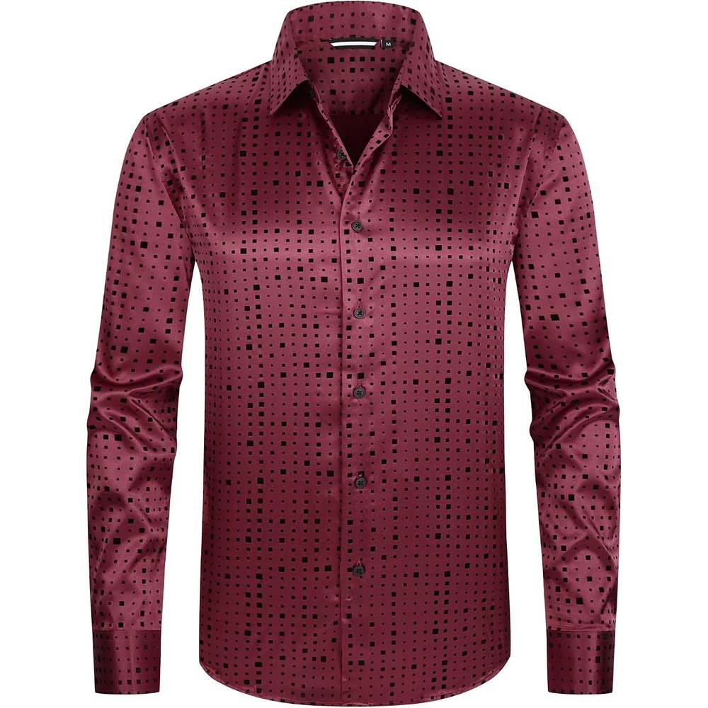 image:imageAlex Vando Mens Luxury Satin Dress Shirt Silk Shiny Sateen Party ShirtSquare Burgundy