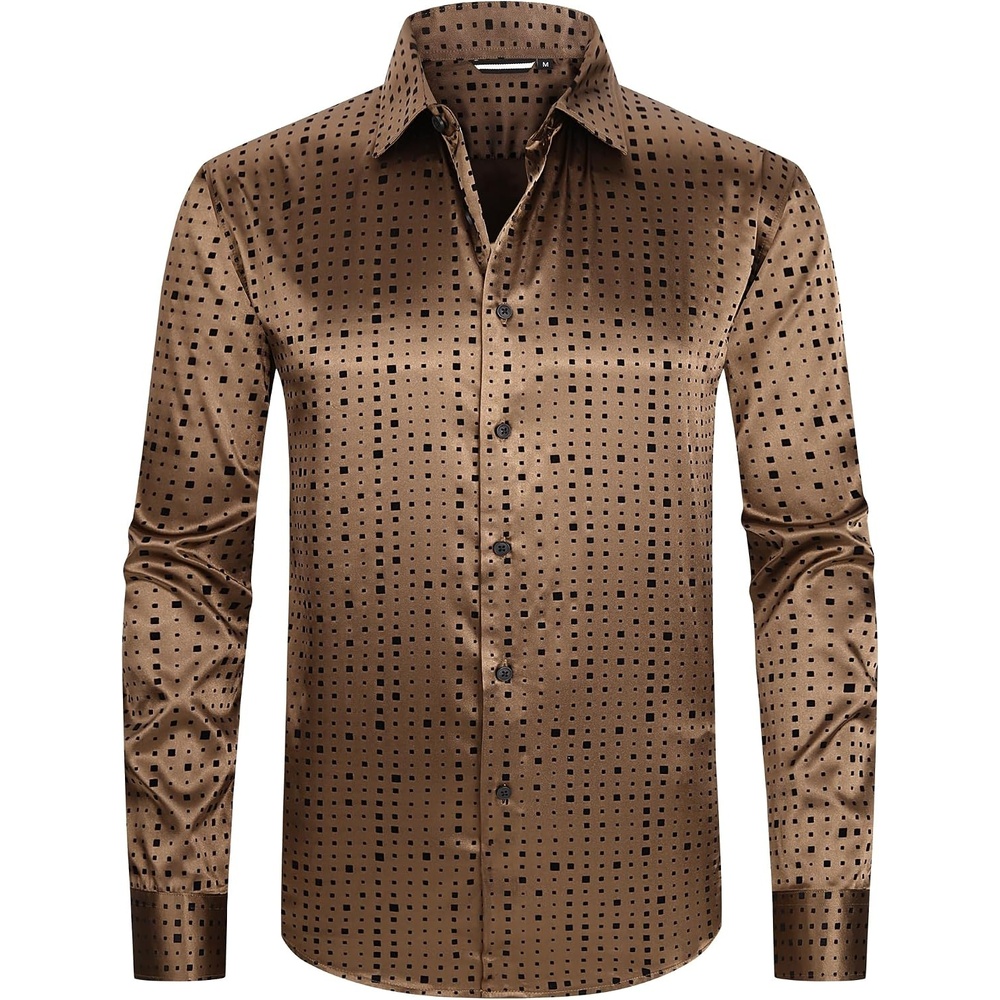 image:imageAlex Vando Mens Luxury Satin Dress Shirt Silk Shiny Sateen Party ShirtSquare Coffee