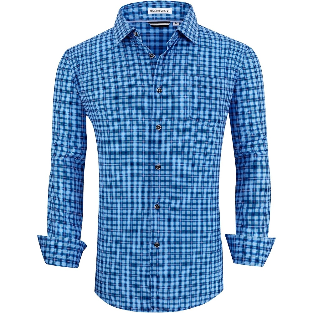 image:imageAlex Vando Mens Wrinkle Free 4Way Stretch Print Business Casual Shirt015 Dark Blue Plaid