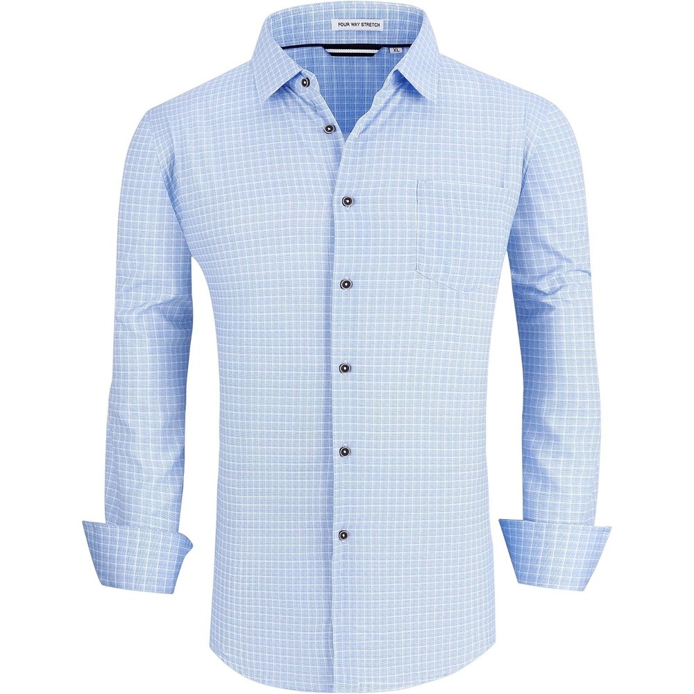 image:imageAlex Vando Mens Wrinkle Free 4Way Stretch Print Business Casual Shirt04 Lt Blue Plaid
