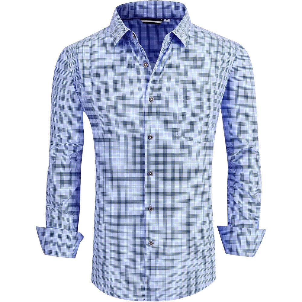 image:imageAlex Vando Mens Wrinkle Free 4Way Stretch Print Business Casual Shirt05 Blue Plaid