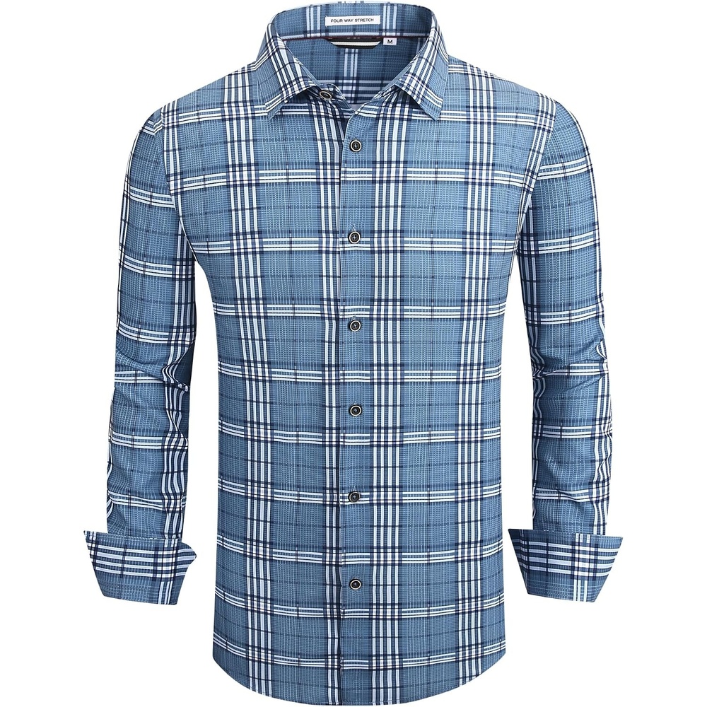 image:imageAlex Vando Mens Wrinkle Free 4Way Stretch Print Business Casual Shirt13 Dustyblue White
