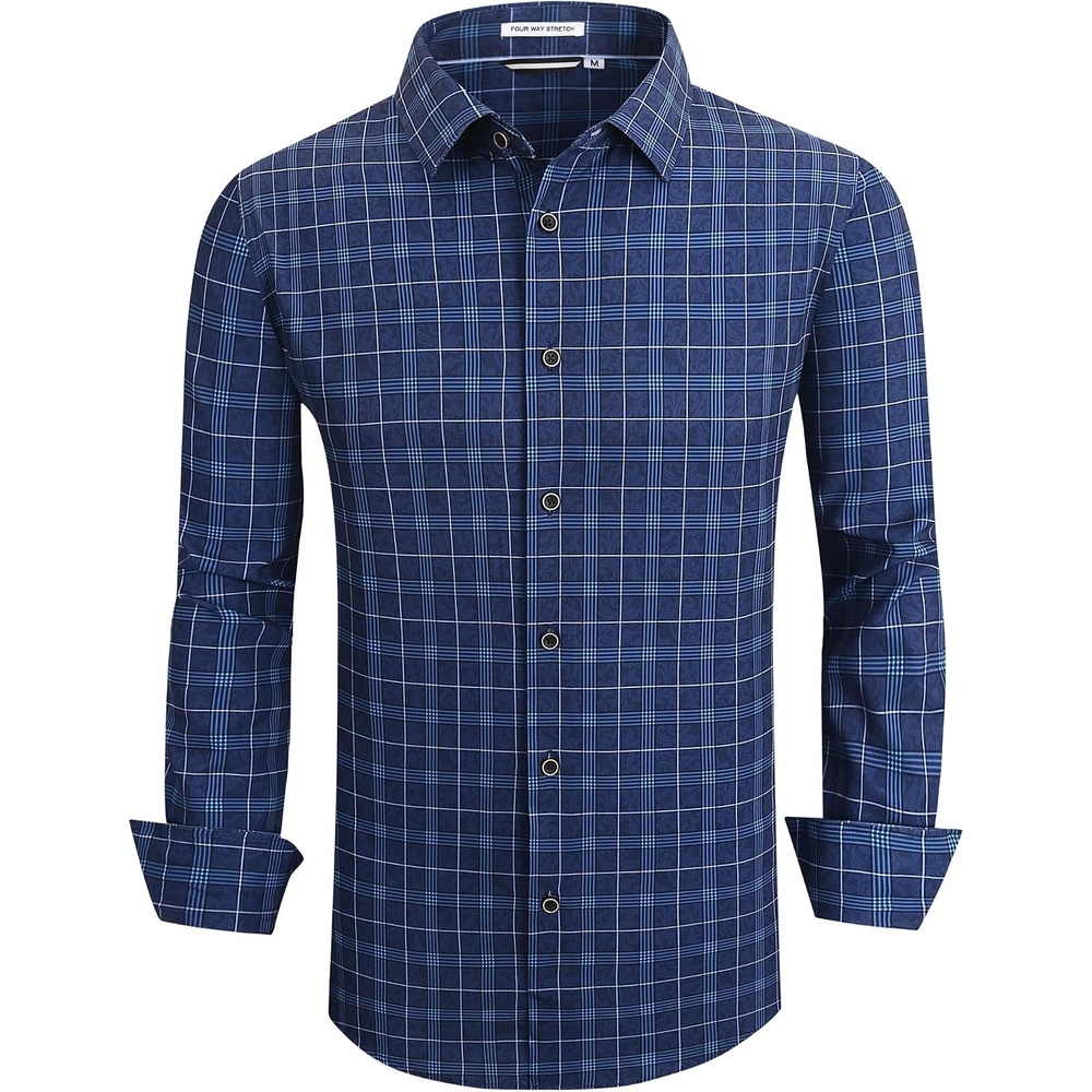 image:imageAlex Vando Mens Wrinkle Free 4Way Stretch Print Business Casual Shirt68 Navy With Print