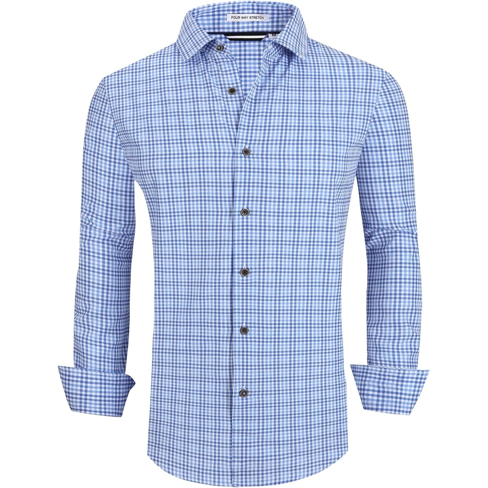 image:imageAlex Vando Mens Wrinkle Free 4Way Stretch Print Business Casual ShirtBlue Plaid