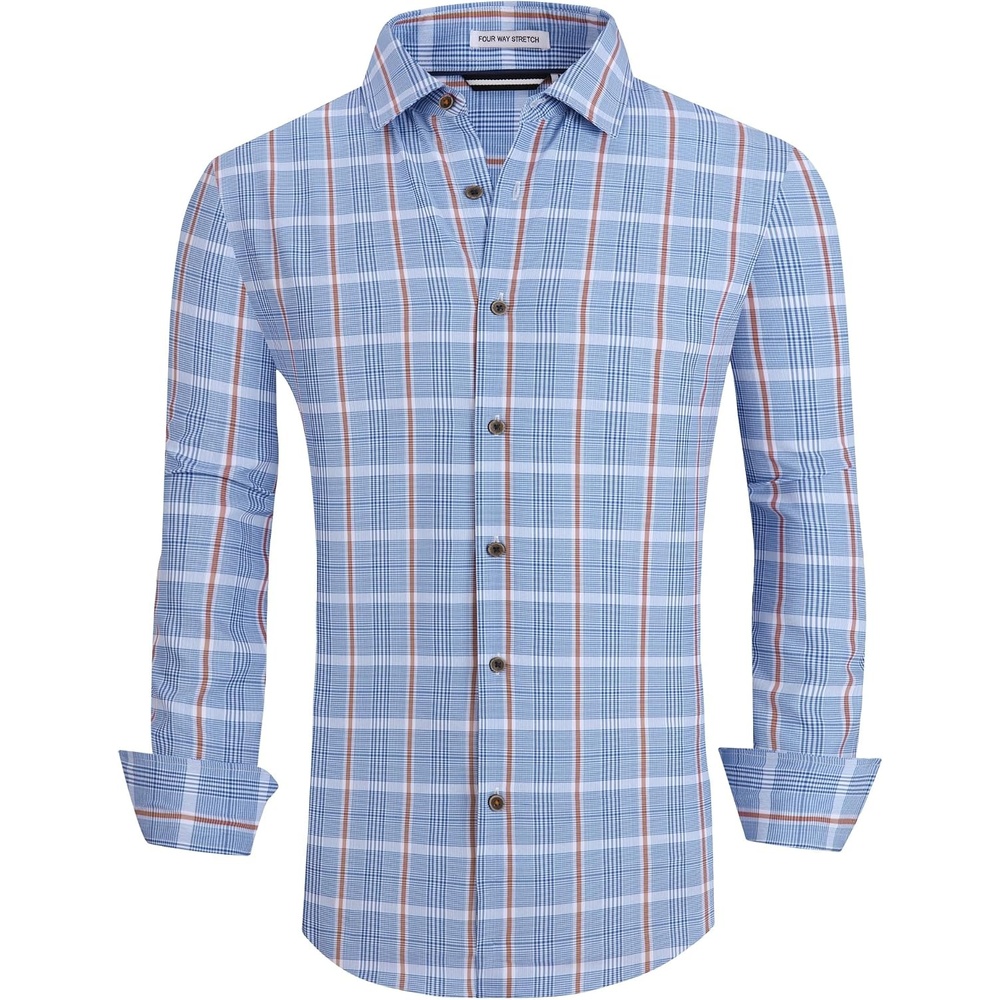 image:imageAlex Vando Mens Wrinkle Free 4Way Stretch Print Business Casual ShirtBlueOrange