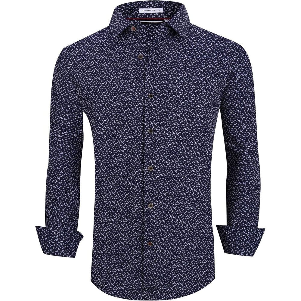 image:imageAlex Vando Mens Wrinkle Free 4Way Stretch Print Business Casual ShirtNavy Flower
