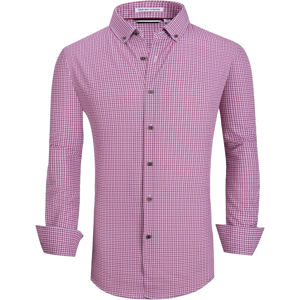 image:imageAlex Vando Mens Wrinkle Free 4Way Stretch Print Business Casual ShirtRed Plaid