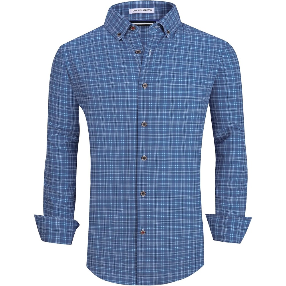 image:imageAlex Vando Mens Wrinkle Free 4Way Stretch Print Business Casual ShirtSteel Blue