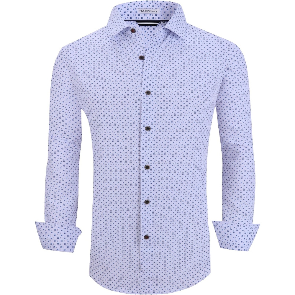 image:imageAlex Vando Mens Wrinkle Free 4Way Stretch Print Business Casual ShirtWhite Cross