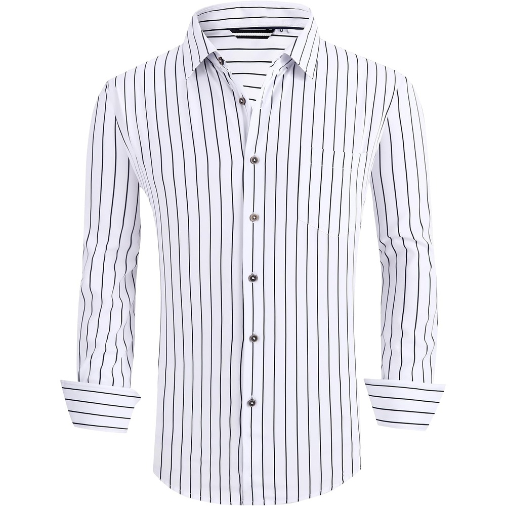 image:imageAlex Vando Mens Wrinkle Free 4Way Stretch Print Business Casual ShirtWhite Stripe