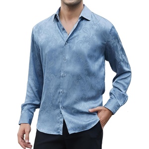 Alex Vando Mens Luxury Satin Dress Shirt Silk Shiny Sateen Party Shirt(Blue Paisley)