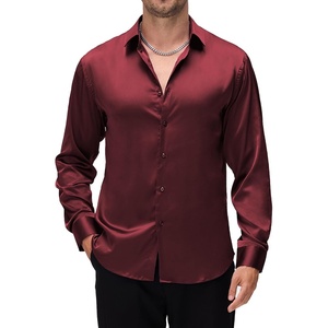 Alex Vando Mens Luxury Satin Dress Shirt Silk Shiny Sateen Party Shirt(Burgundy)