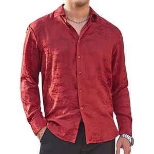 Alex Vando Mens Luxury Satin Dress Shirt Silk Shiny Sateen Party Shirt(Burgundy Jacquard)