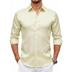 Alex Vando Mens Luxury Satin Dress Shirt Silk Shiny Sateen Party Shirt(Champagne)