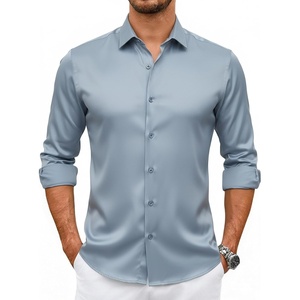 Alex Vando Mens Luxury Satin Dress Shirt Silk Shiny Sateen Party Shirt(Dusty Blue)