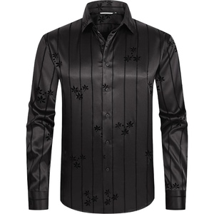 Alex Vando Mens Luxury Satin Dress Shirt Silk Shiny Sateen Party Shirt(Flower Black)