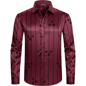 Alex Vando Mens Luxury Satin Dress Shirt Silk Shiny Sateen Party Shirt(Flower Burgundy)