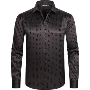 Alex Vando Mens Luxury Satin Dress Shirt Silk Shiny Sateen Party Shirt(Square Black)