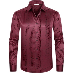 Alex Vando Mens Luxury Satin Dress Shirt Silk Shiny Sateen Party Shirt(Square Burgundy)