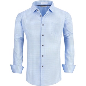 Alex Vando Mens Wrinkle Free 4-Way Stretch Print Business Casual Shirt(04 Lt Blue Plaid)