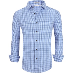 Alex Vando Mens Wrinkle Free 4-Way Stretch Print Business Casual Shirt(Blue Plaid)