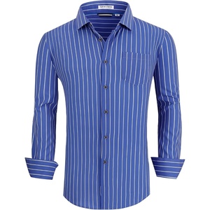 Alex Vando Mens Wrinkle Free 4-Way Stretch Print Business Casual Shirt(Blue Stripe)
