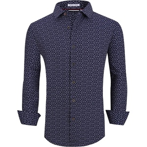 Alex Vando Mens Wrinkle Free 4-Way Stretch Print Business Casual Shirt(Navy Flower)